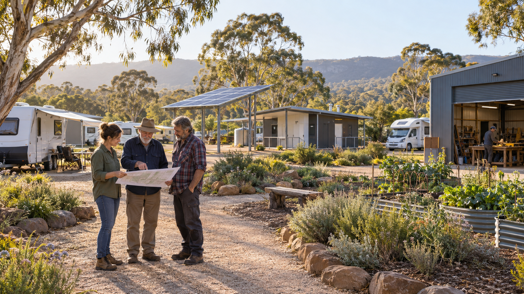 Concept illustration of a calm regional Australian community ground with homes on wheels, solar shade, a workshop, gardens and people talking beside a site plan