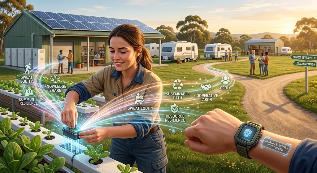 Solarpunk illustration—a sunlit green community where people, gardens and technology share the same space
